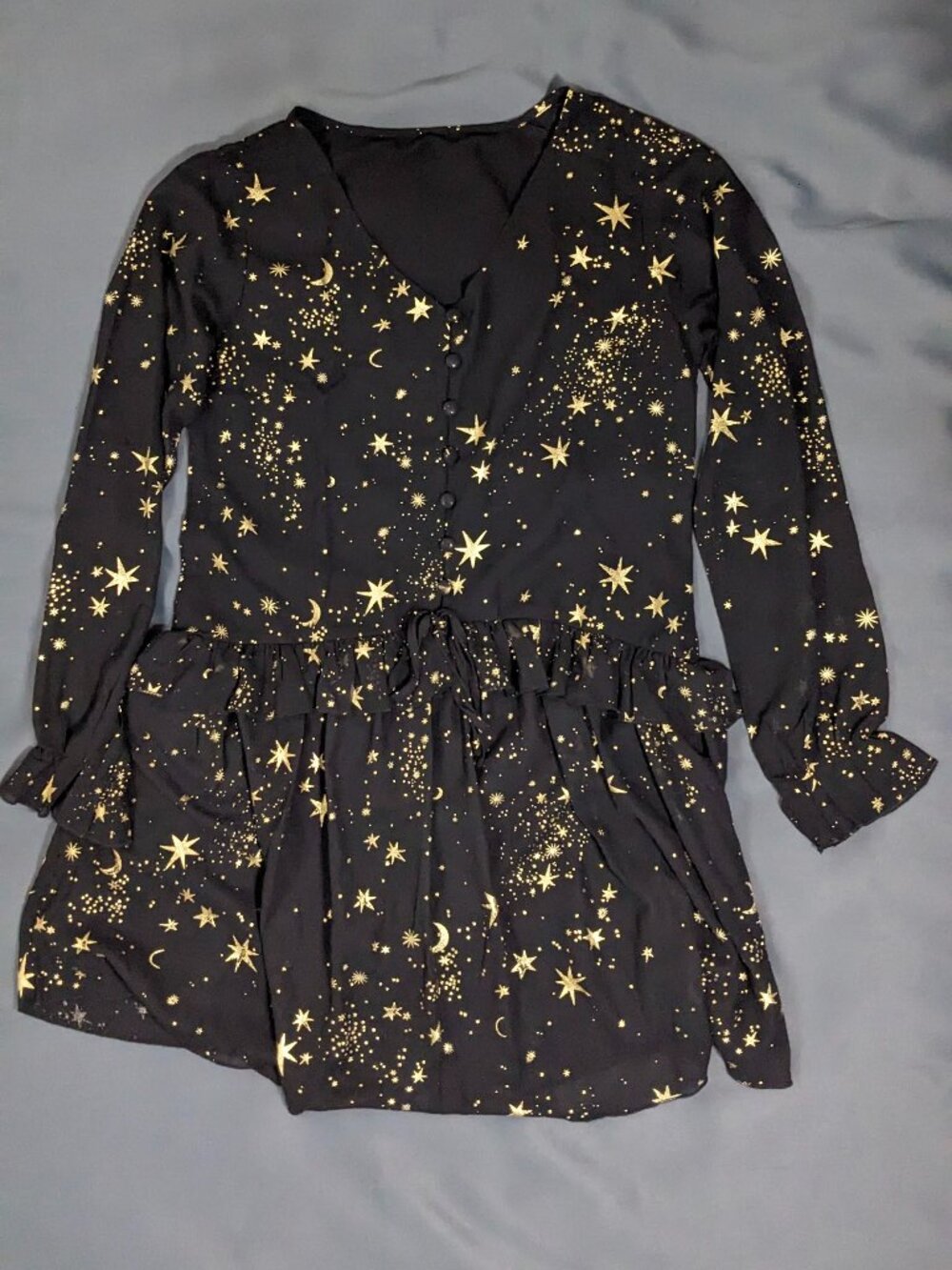 Black V-Neck Celestial Dress Gold Foil Constellation Print Small